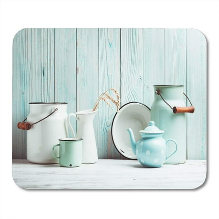 Wooden Moose SIDONKU Country White Rustic Enamelware Table Over Blue Wooden Wall Mousepad Mouse Pad Mouse Mat 9x10 inch ()