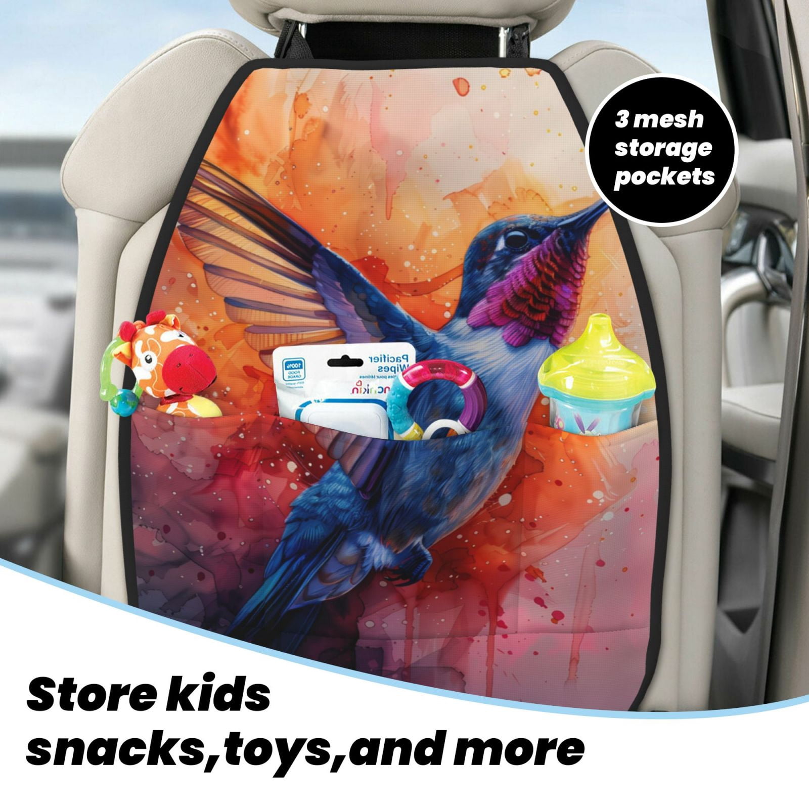 Kdxio Vibrant Hummingbird Watercolor Art Print 2 Pack Car Kick Mat Seat Cover Back Protector Mat with Pockets for Organizer Backseat Protector and Storage Anti Kick Pad for Vehicles