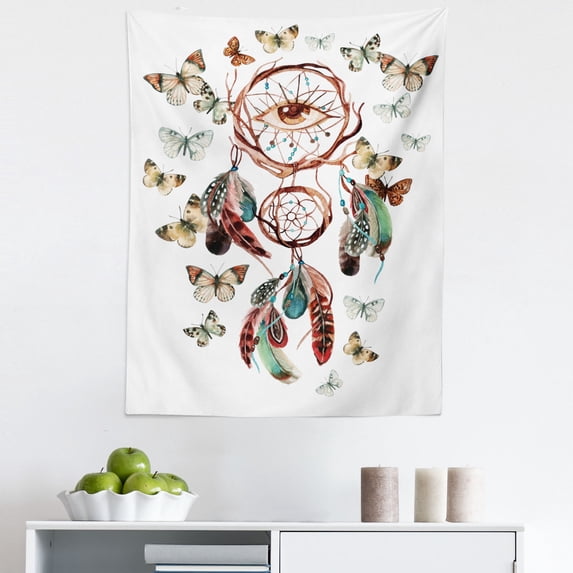 Feather Tapestry, Dream Catcher with Butterflies and All Seeing Eye Watercolor Style, Fabric Wall Hanging Decor for Bedroom Living Room Dorm, 5 Sizes, Multicolor, by Ambesonne