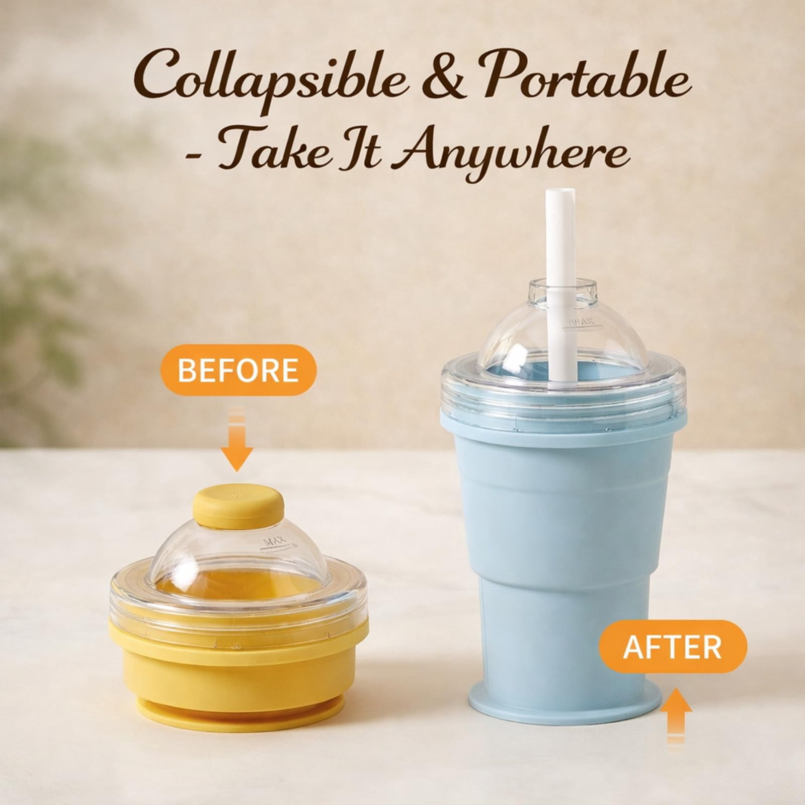 KANOHENO 2-in-1 Collapsible Silicone Ice Ball Maker Cup,13.5-16.9 oz Reusable Portable Ice Sphere Mold with Leakproof Lid & Straw,Touch-Free Leakproof Travel Tumbler