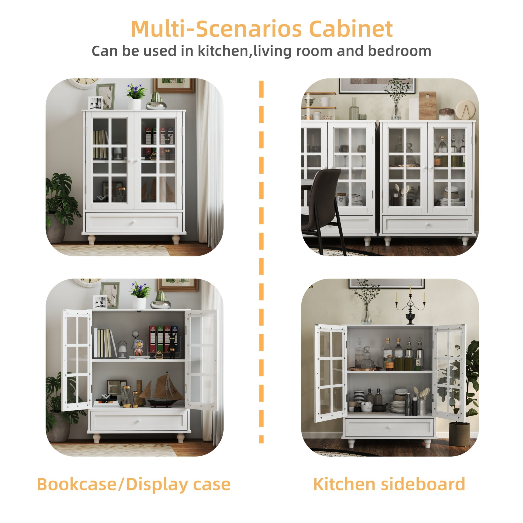 Jopath Buffet Cabinet with Double Glass Doors and Drawer, Modern Wooden Storage Sideboard Cupboard for Living room Dining Room Hallway Entryway White