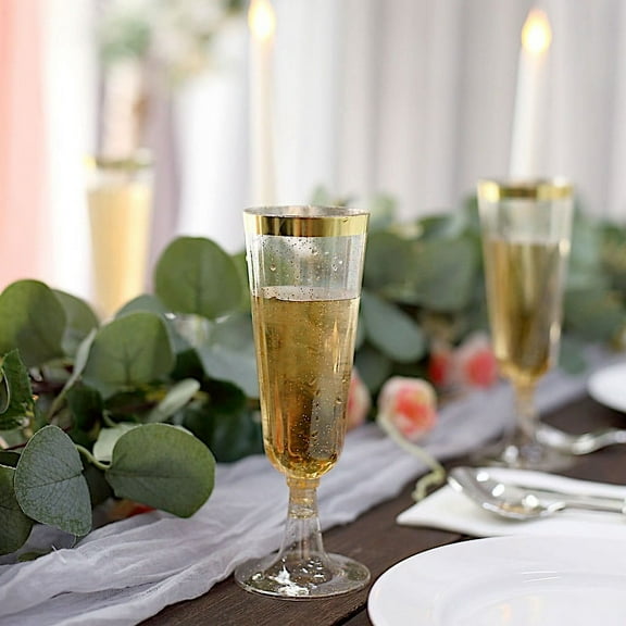 Balsa Circle 12 Clear 6 oz Disposable Flutes Glittered Plastic Champagne Glasses Gold Trim Party Decorations