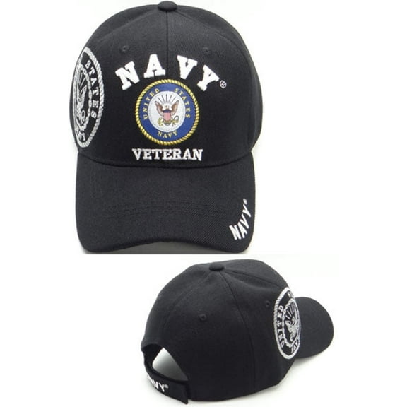 US Military Navy Veteran Side Emblem Black Adjustable Baseball Hat Cap