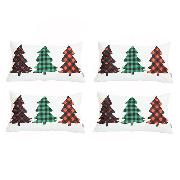 Decorative Christmas Tree Throw Pillow Cover Set of 4 Lumbar 12" x 20" White & Red for Couch, Bedding