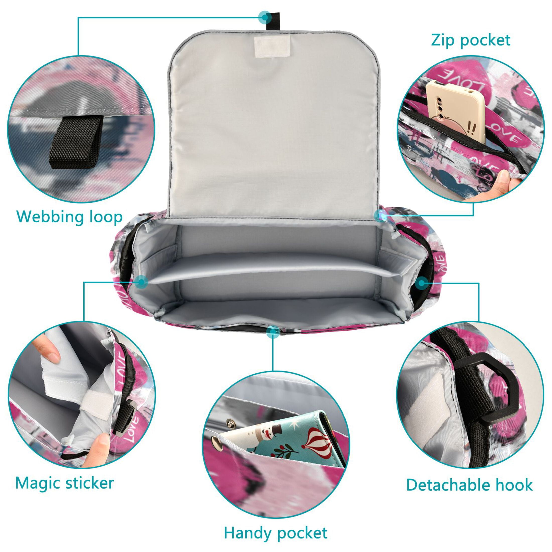 DIXRUYEE Stroller Organizer Pink Love Graffiti Printed