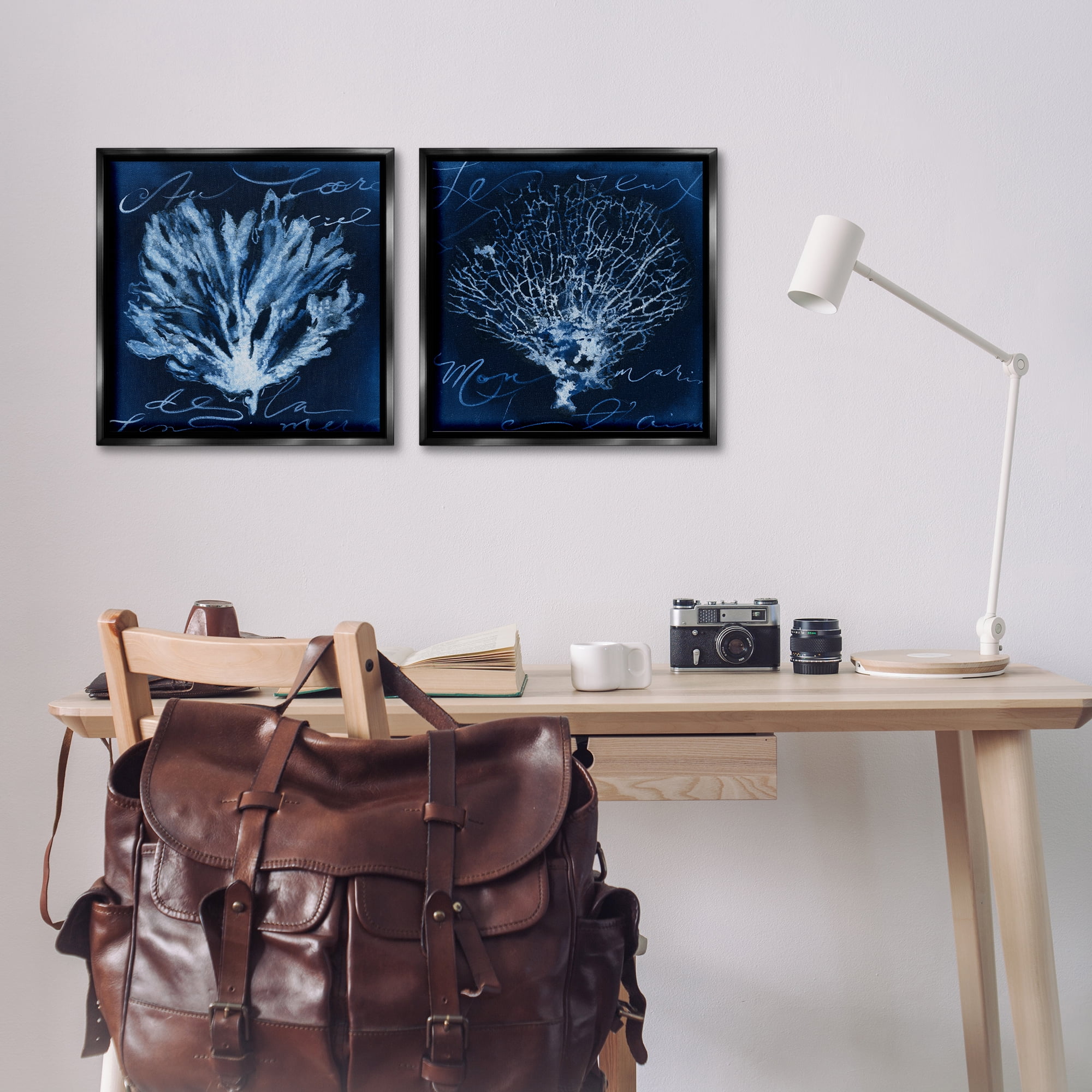 Stupell Industries Dark Blue Coral Pieces Nautical & Beach Painting Black Floater Framed Canvas Art Print Wall Art, 18 x 18, Set of 2