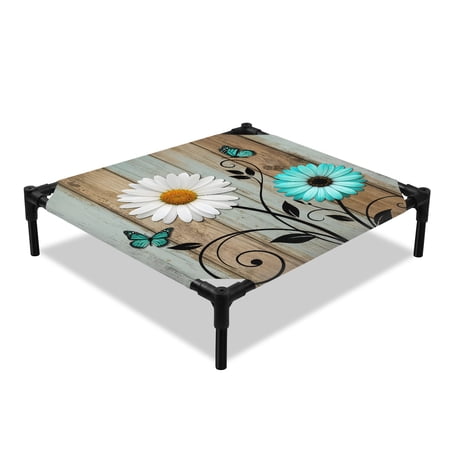 White Daisy Elevated Dog Bed Teal Flower Gray Wood Striped Butterfly Vintage Country Cooling Breathable Outdoor Raised Dog Cot Bed with Metal Frame Non-Slip Feet for Small Dog 20x20in