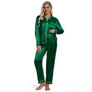 DAKIMOE Sleepwear Womens Silky Satin Pajamas Set Long Sleeve Nightwear Loungewear, Green, M