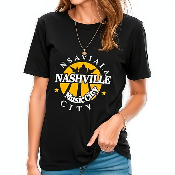 Vintage Nashville Music City Graphic T-Shirt - Retro Design with Silhouettes - Cotton Short Sleeve Tee