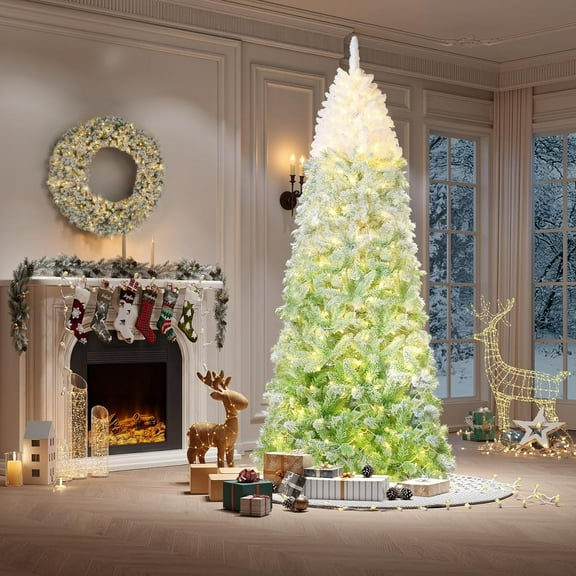 Slim Pencil Christmas Tree for Small Spaces -4.5/6/7.5/9FT Snow Flocked Artificial Xmas Tree with Metal Stand, Skinny Holiday Decor for Apartments & Offices