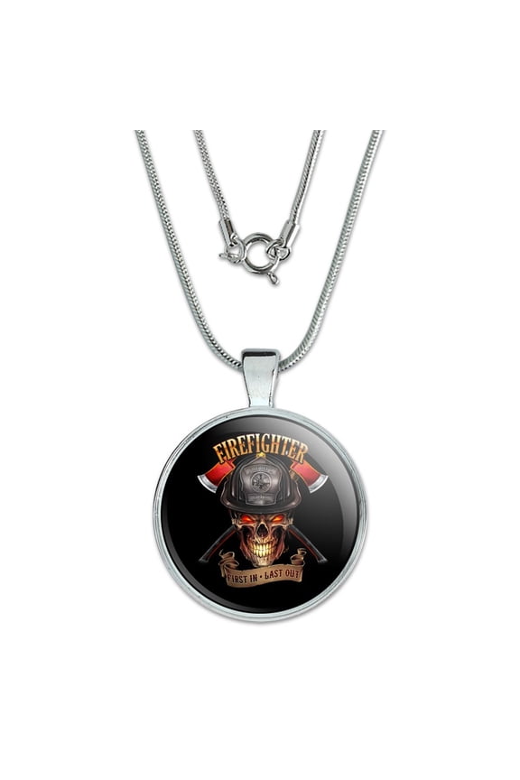 Firefighter Skull First In Last Out Fireman 1" Pendant with Sterling Silver Plated Chain