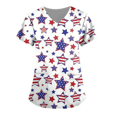 

XHJUN Scrubs for Women Womens Loose Patriotic Scrubs Tops Summer Nurse Short Sleeve V Neck Workwear American Flag Printed Working Uniform Shirt Blouse with Pockets White XXL
