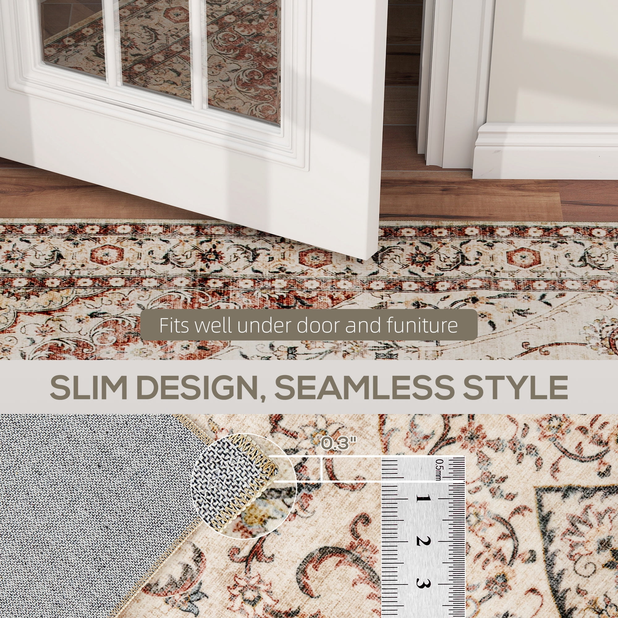 HOMCOM Area Rug 4x6, Machine Washable Rug, Non-Slip Classical Floral Print Floor Carpet for Living Room, Bedroom, Dining Room, Mixed-Brown