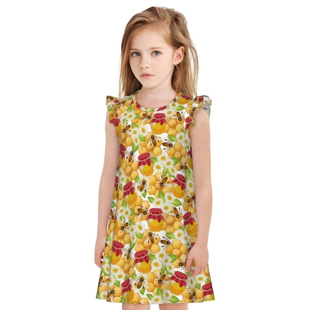 Fotbe Bees Honeycomb Jars Of Honey Flowers Vestido de Dormir para Niñas de 3 a 10 Años, Mangas Cortas, Estilo Princesa, Pijama Camisón con Mangas Voladas-Small