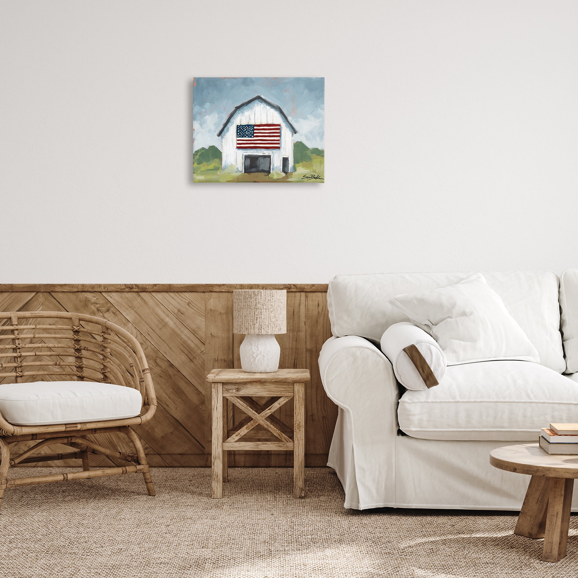 Stupell Industries Patriotic Country Barn Landscape & Nature Painting Wrapped Canvas Art Print Wall Art, 20 x 16