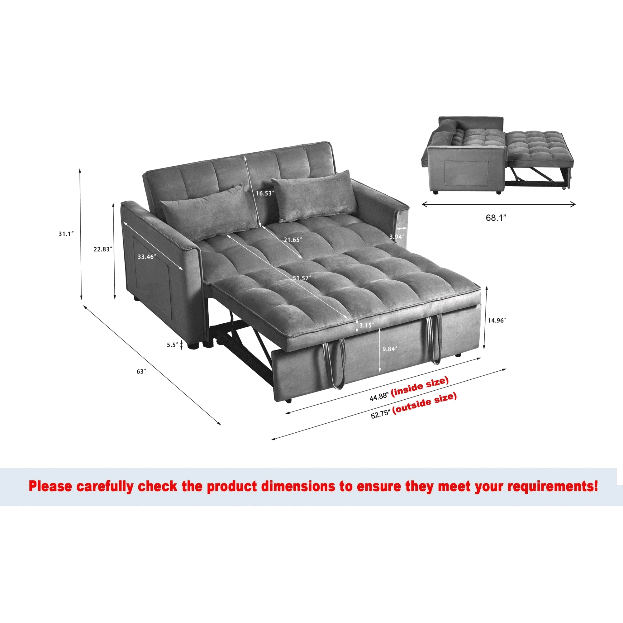 Gewnee 3-in-1 Convertible Futon Sofa Bed – 52.75" Velvet Pull-out Sofa Bed with Reclining Backrest,Side Pockets & 2 Toss Pillows – for Living Room,Apartment,Dorm(Dark Grey）