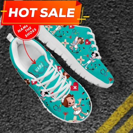 

Custom Name Nurse Shoes Mesh Flat Sneakers For Women s Cute Cartoon Premium Sketch Physio Design Breathable Footwear
