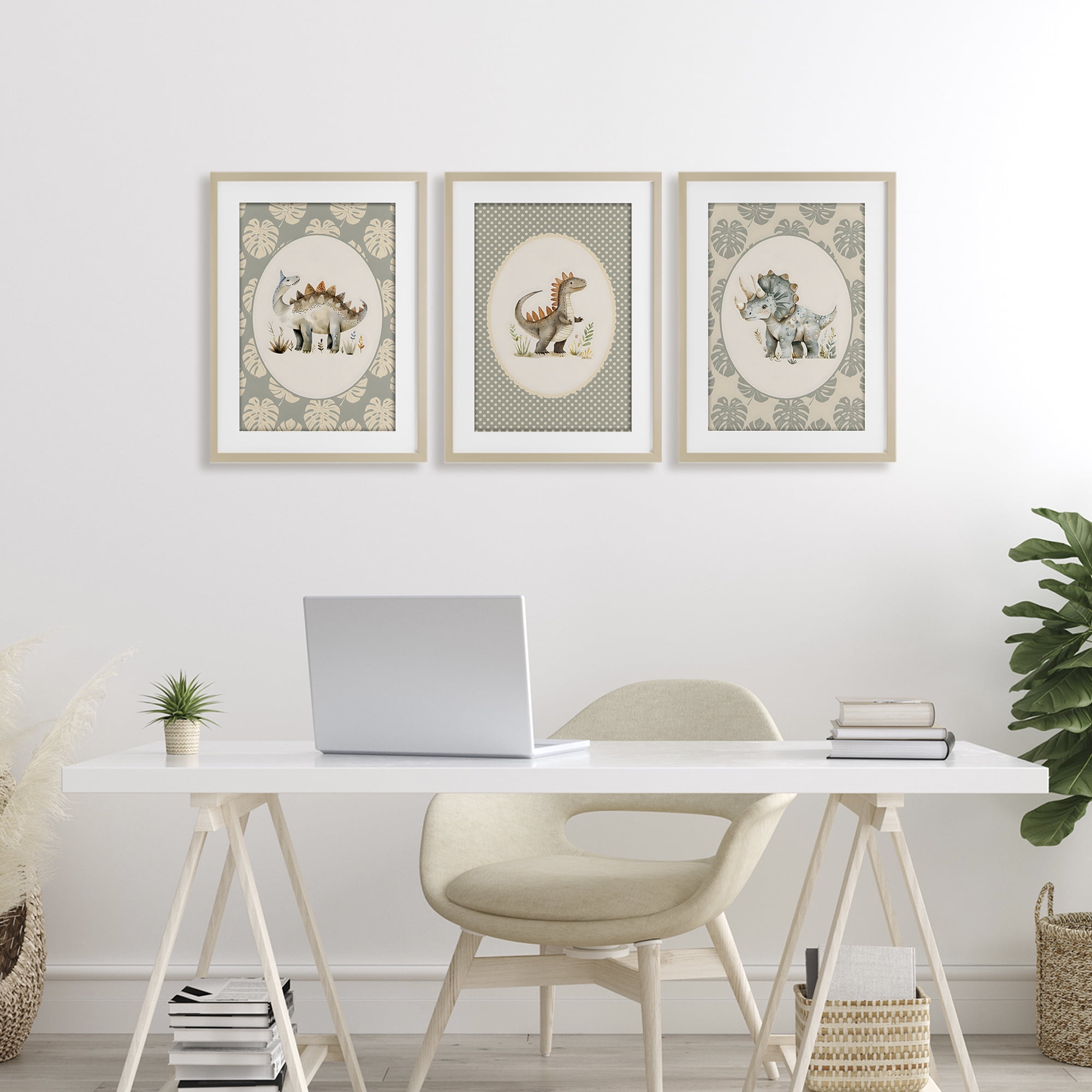 Stupell Industries Nursery Dinosaurs Tropical Border 3 Piece Birch Framed Print Under Glass Set, design by LSR Design Studio