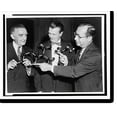 thumbnail image 2 of Historic Framed Print, [(l to r) Sen. Joseph O'Mahoney, Dr. Floyd S. Daft, and Dr. Joseph J. Bunim, half-length portrait, holding a wooden model of the molecular structure of corti, 17-7/8" x 21-7/8", 2 of 9