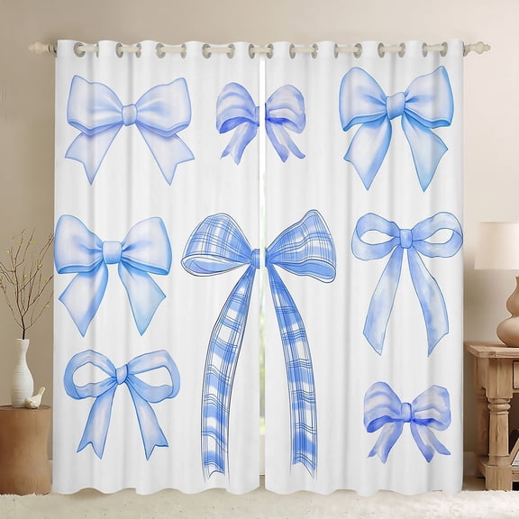 Feelyou Blue Cartoon Kids Black Out Curtains, Kawaii Ribbon Bowknot Curtains Pack of 2 (42x63 Each), Princess Bow-tie Theme Bedroom Curtains, Curtains and Drapes Home Decor