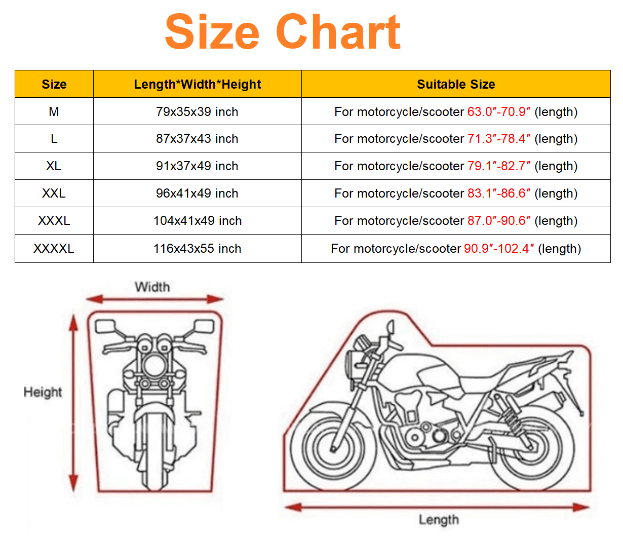 Universal Motorcycle Cover Waterproof Outdoor All Season Protection with Reflective Strips and Lockholes, Sze M, 79x35x39 inch