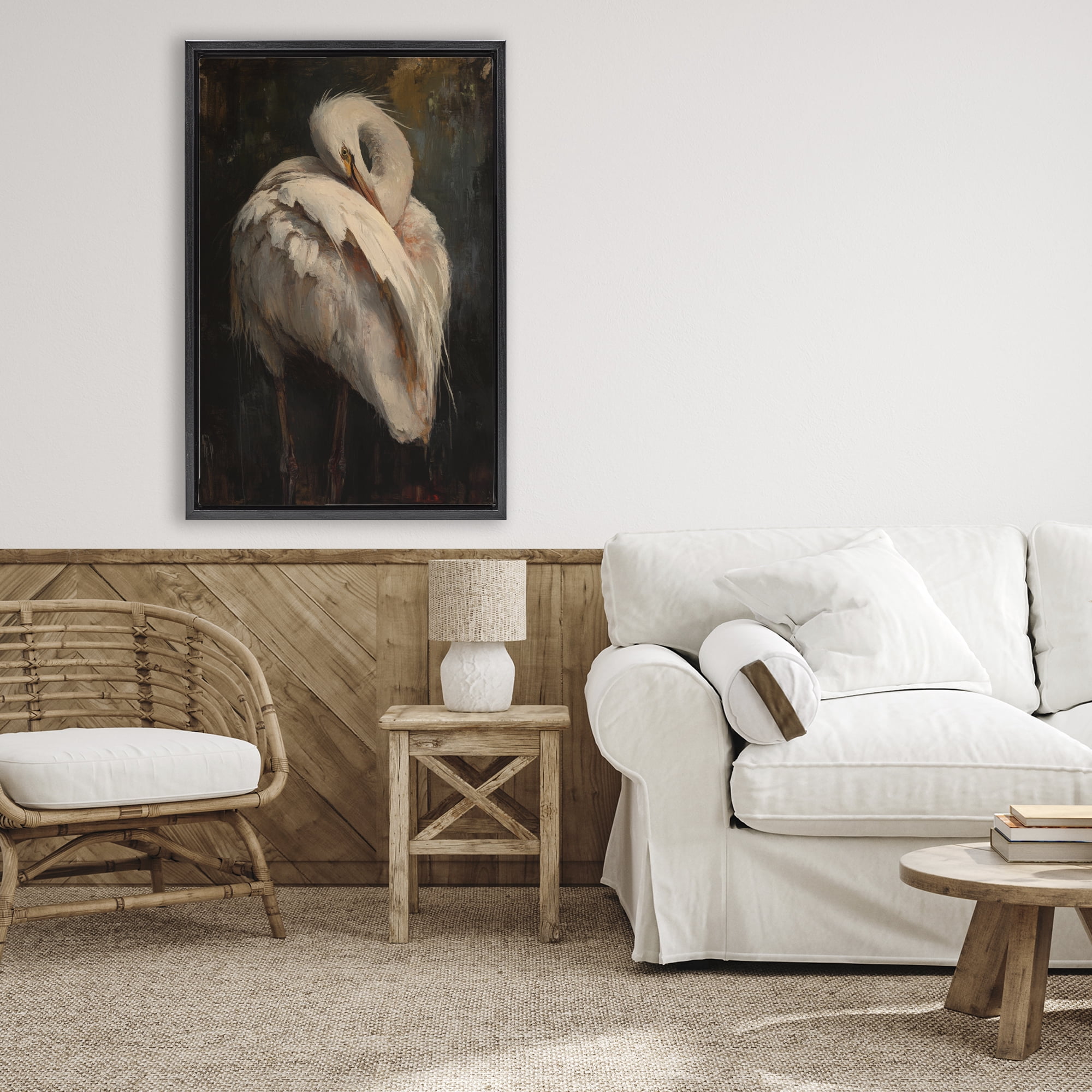Stupell Industries Sleeping Egret in Golden Light Black Framed Floater Canvas Wall Art, design by Petal Prints Design