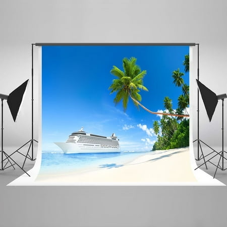 Image of HelloDecor 7x5ft Beach Coconut Green Tree Big Cruise Ship Holiday Lover Party Backdrop Photography Background