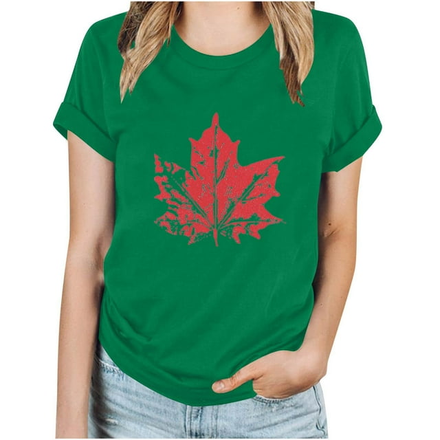 FAIWAD T-Shirt d'Été pour Femmes de la Fête du Canada, Léger, à Manches Courtes, Col Rond, T-Shirts Hauts, Imprimé Graphique, Blouses de Détente Basiques
