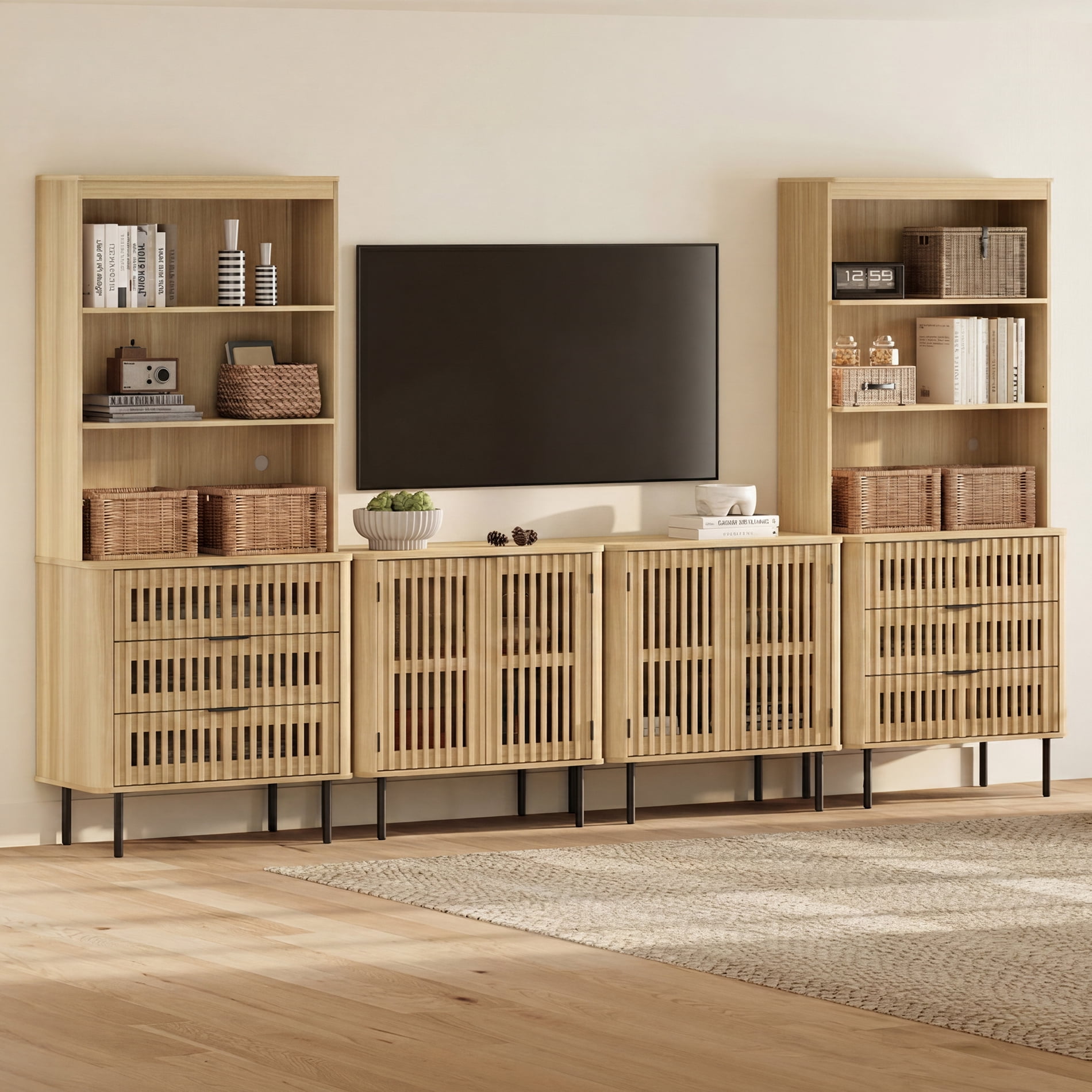 WAMPAT Entertainment Center with Bookshelves for TVs up to 75",Oak