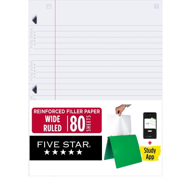 Five Star Reinforced Filler Paper Plus Study App, Wide Ruled, 8" x 10.5", 80 Sheets/Pack