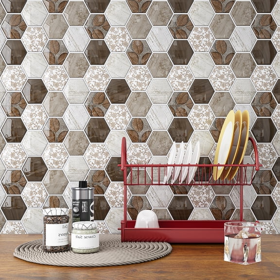 VEELIKE Boho Hexagon Peel and Stick Backsplash Tile Decals 6-Sheets Adhesive Waterproof Stick on Backsplash for Kitchen Bathroom 12''x12'' Temporary Wall Tile Stickers for Renters Laundry Fireplace