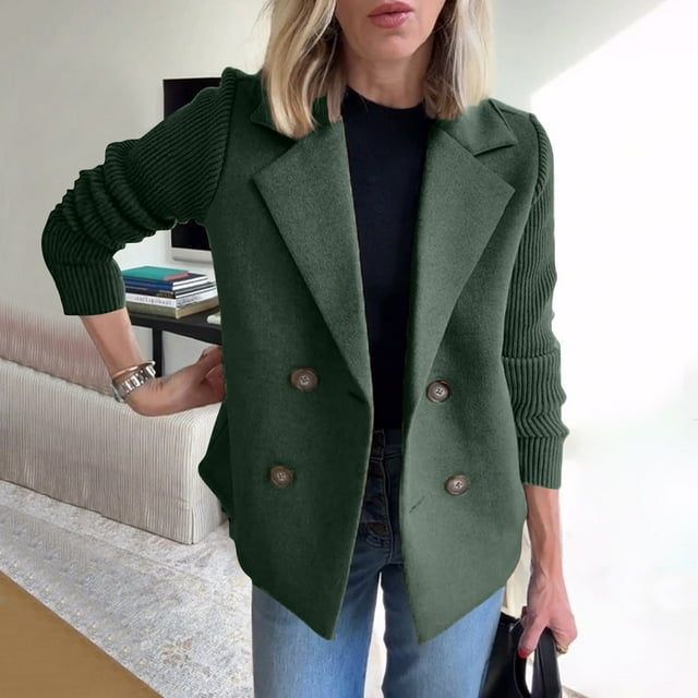 IMENGL Manteau Court à Manches Courtes patchwork Tricoté à Col Rabattu, Vert 2TG, Taille M-5TG