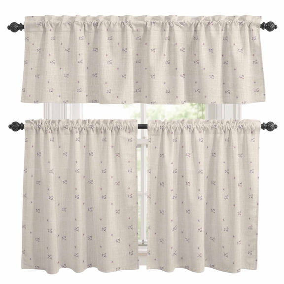 Purple Flowers Kitchen Curtains Sets for Windows 24 Inch Length, Beige Farmhouse Botanical Burlap Rod Pocket Window Treatments Tier Curtains and Valances Set for Bedroom/Bathroom