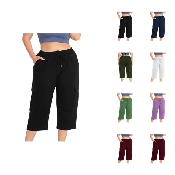 Capri Pants for Women Summer Casual Elastic High Waist Plus Size Wide Straight Leg Cropped Cargo Pants with Pockets