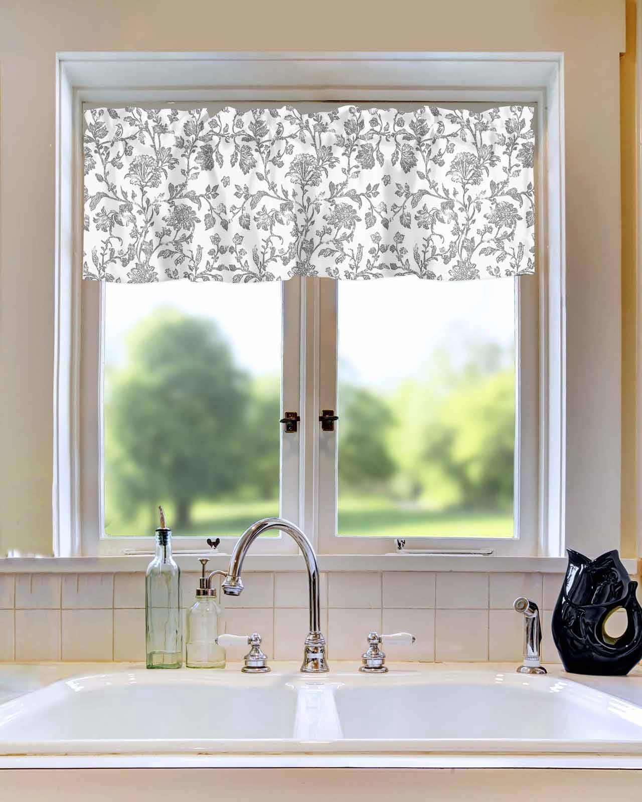 Retro Light Grey Farmhouse Floral Curtain Valances for Kitchen Windows,Rod Pocket Short Valance Pastoral Flowers Window Treatment for Living Room Bathroom Bedroom,42" x 18"-1 Panel