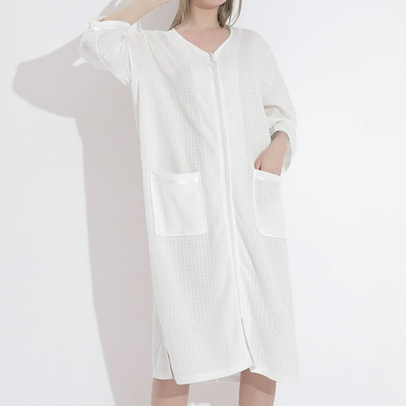 CFLVAEK Peignoirs Gaufrés pour Femmes Grande Taille, Robe d'Intérieur à Fermeture Éclair devant avec Poches avant, Légère, Manches 3/4, Manteau de Maison, Couleur Unie, Tenue de Détente, Blanc m