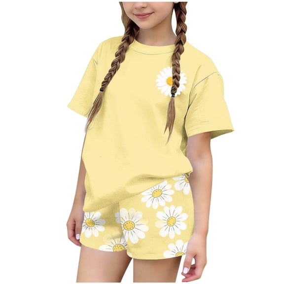 Moxiu Girls 2 Piece Summer Outfits Daisy Print Oversized Short Sleeve Crew Neck Tees Tops and Graphic Shorts Sets for Kids 2026 Yellow,5-6 Years