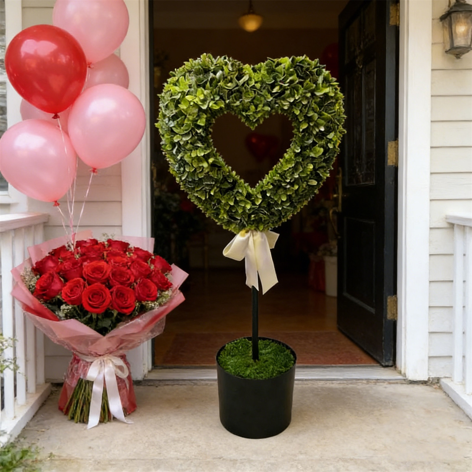 DAMAI Set of 2 Boxwood Heart with Bow Openwork Topiary, 29" Valentine's Day Heart Shaped Topiary Trees with Bow, Artificial Greenery Decorations Heart Ball Planter Pots, Faux Plant for Home Decor