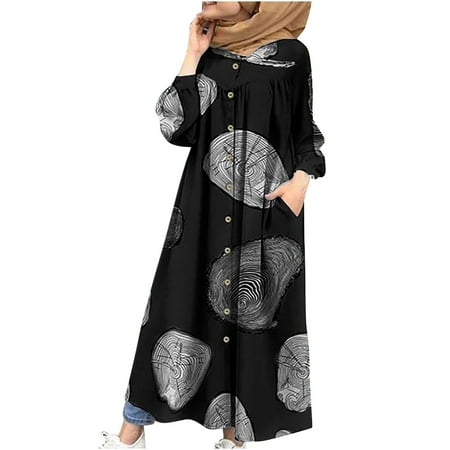 

Dadaria Dresses for Women 2022 V Neck Loose Long Sleeve Cotton Linen Print Ankle length Long Black M Female