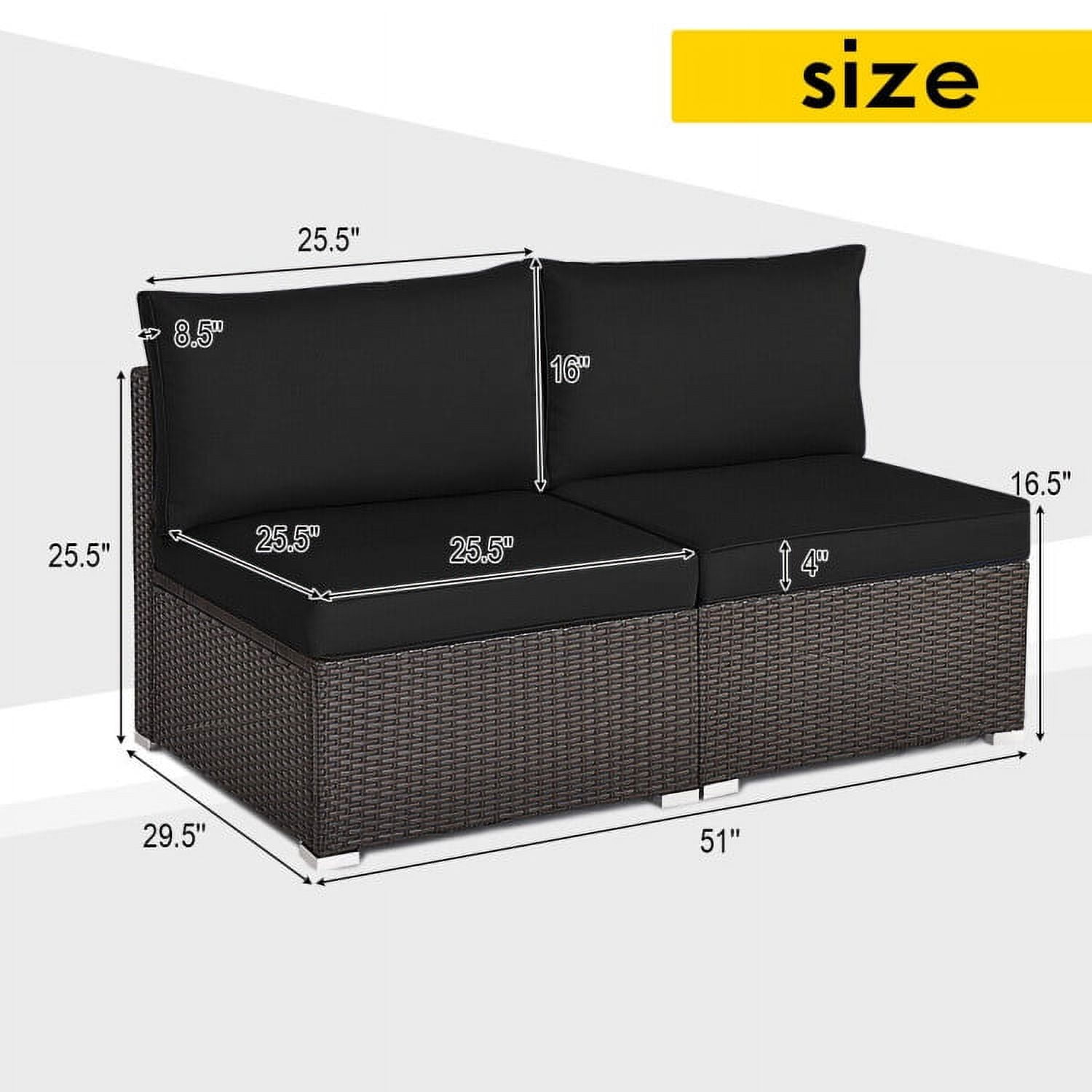 Aimee Lii 2 Pieces Patio Rattan Armless Sofa Set with 2 Cushions and 2 Pillows, Outdoor Patio Set, Black