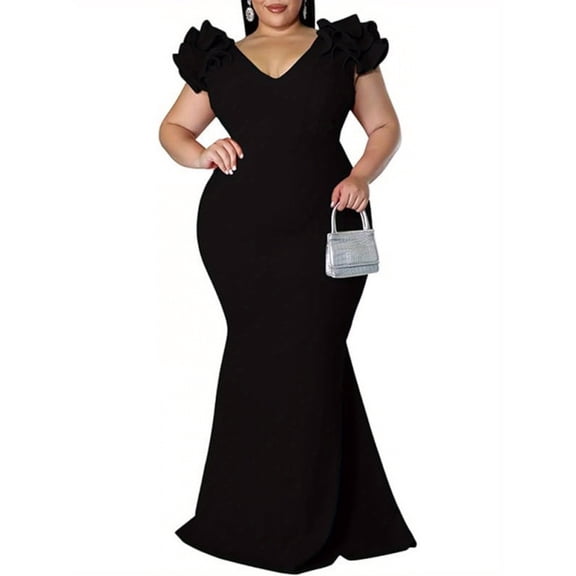 Women's V-Neck Ruffle Shoulder Mermaid Maxi Evening Dress