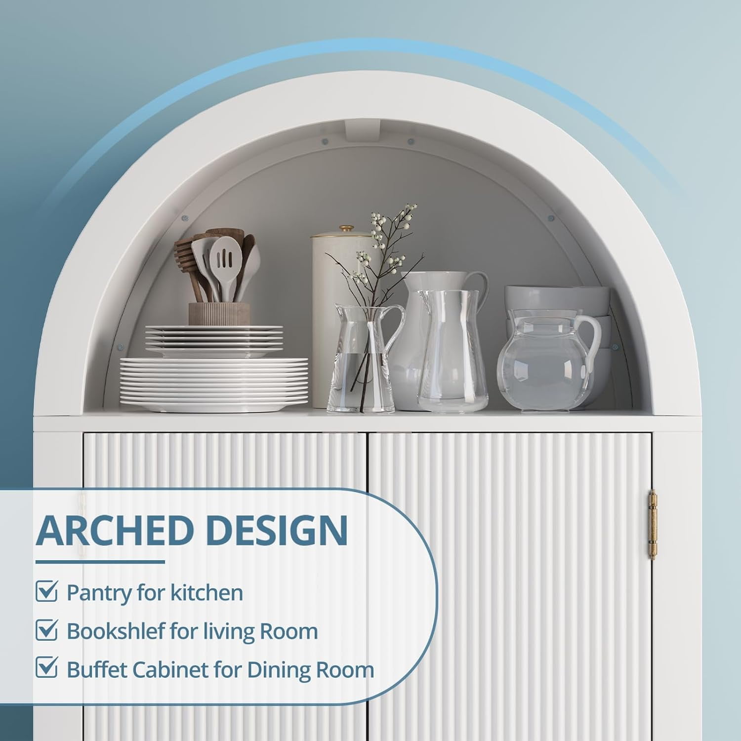 Fluted Arched Pantry Cabinet, 71" Tall Kitchen Storage Pantry Cabinet with Adjustable Shelves and 2 Large Drawers, Freestanding Morden Versatile Cupboard for Living Room, Bathroom, White