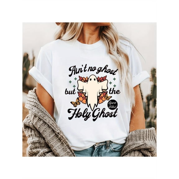 Women's Vintage Halloween T-Shirt,Graphic Tee, Christian Tops with Cross & Autumn Leaves Design, Crew Neck Casual Tee Shirt ,Classic,cotton,white,S-5XL