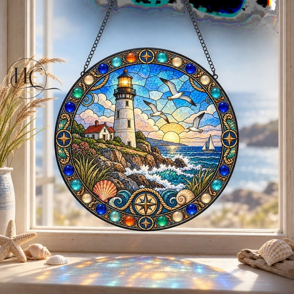 Window Hanging Suncatcher Coastal Lighthouse and Seagulls Faux Stained Glass for Sunny Windows, Beach House Gifts