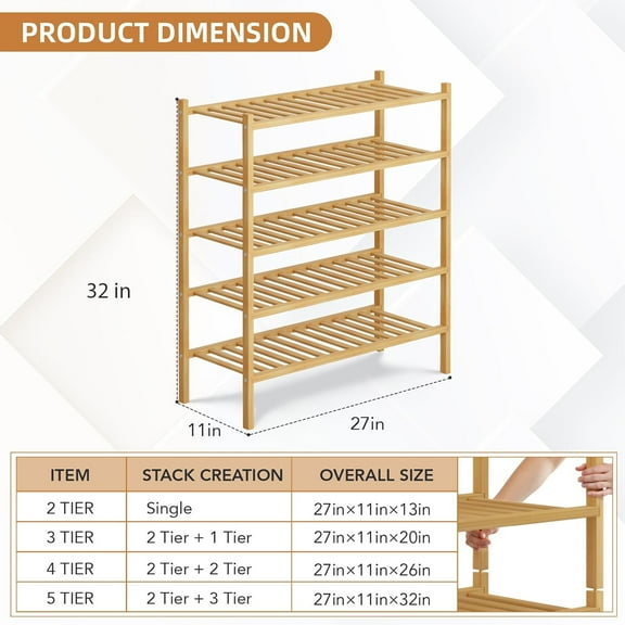 5 Tier Bamboo Shoe Rack Storage Organizer for Closet, Multifunctional Stackable Free Standing Shoe Shelf