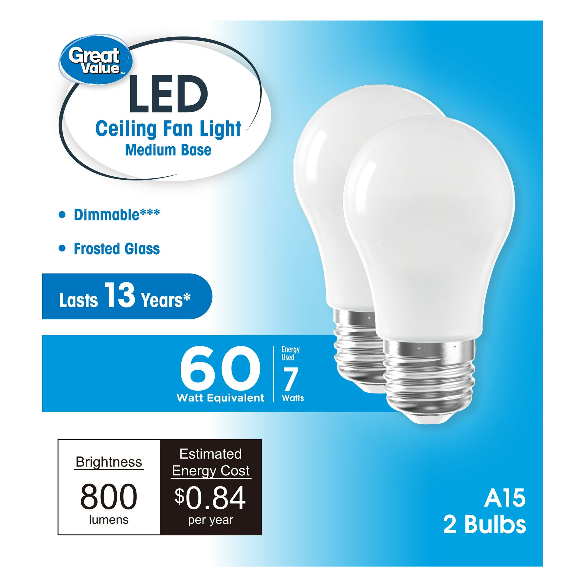 Great Value A15 LED Ceiling Fan Bulb, 7W (60W Equivalent) Daylight Dimmable E26 Medium Base, 2 Pack