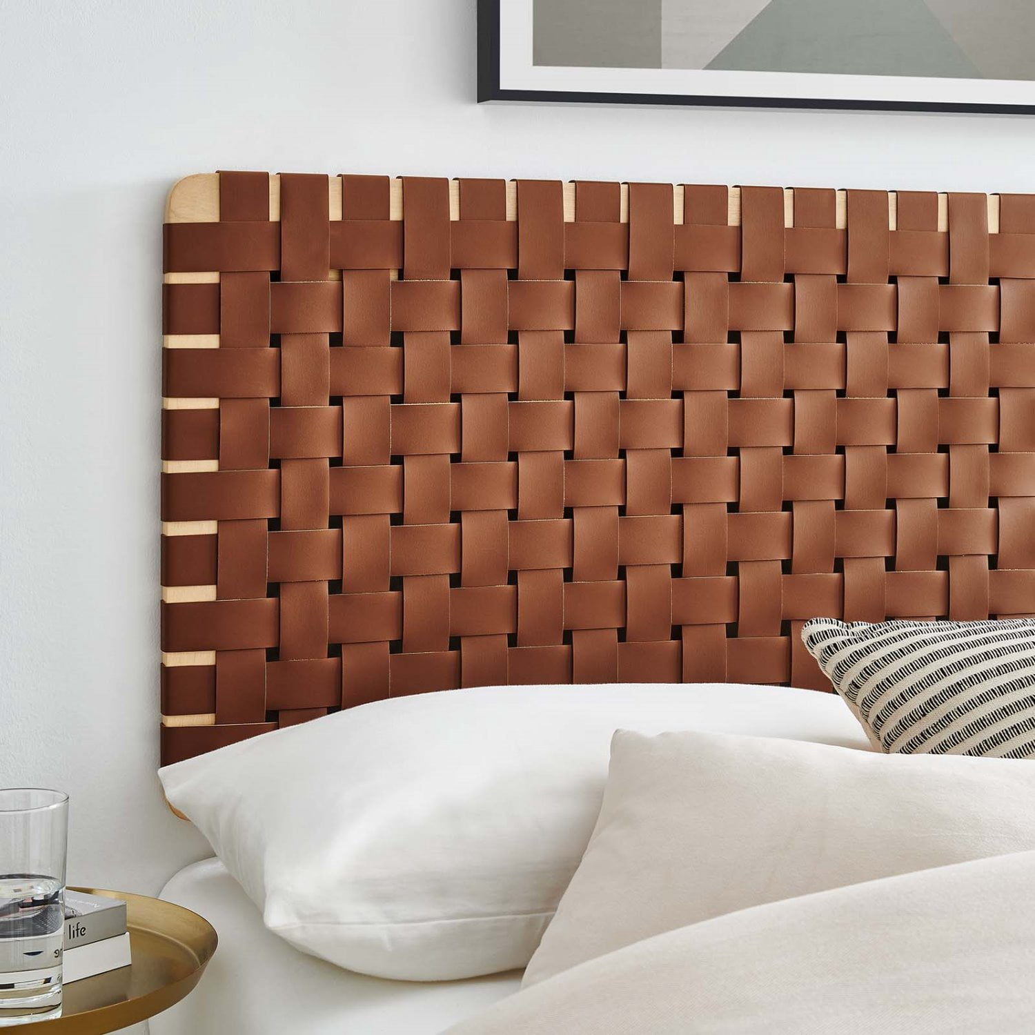 Headboard, Full Size, Brown Natural, Vegan Leather, Bedroom, Modern Contemporary HB36753