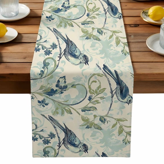 Watercolor Blue Green Bird Table Runner, Leaf Green Brach Vintage Kitchen Table Runners Dress Scarves for Table Decorations Party/Restaurant/Indoor Outdoor Use, 13x36in