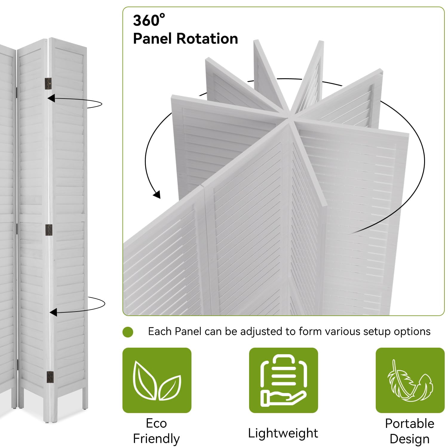 NiamVelo Wood Room Divider 6 Panel Privacy Screen Folding Freestanding Partition 5.74 FT Tall Wall Divider for Home Office, White