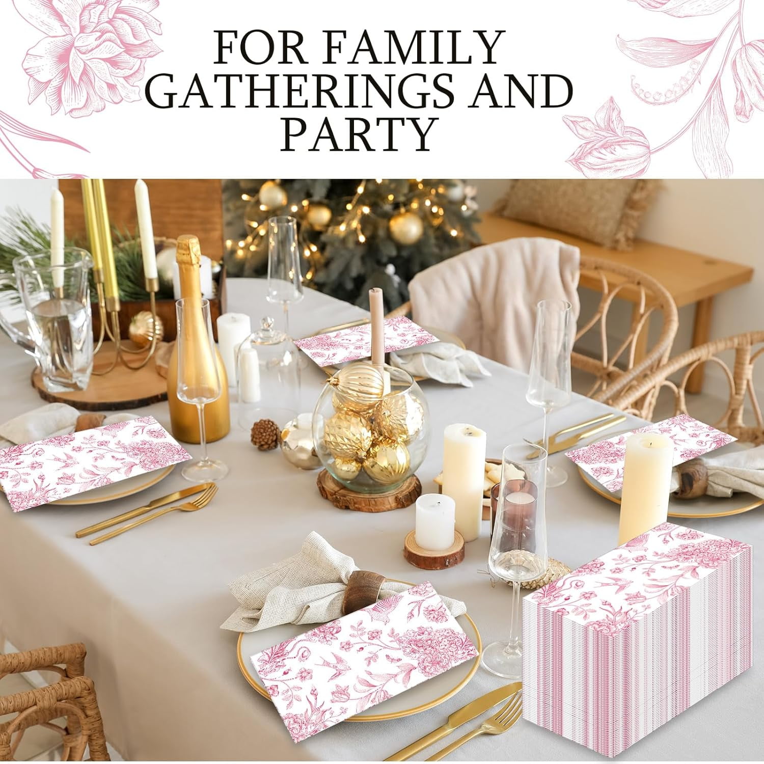 200 Pcs Floral Paper Napkins Disposable Hand Towels for Bathroom Guest Decorative Napkins for Bathroom Shower Toilet Room Holiday Wedding Bridal Tea Party (Pink)